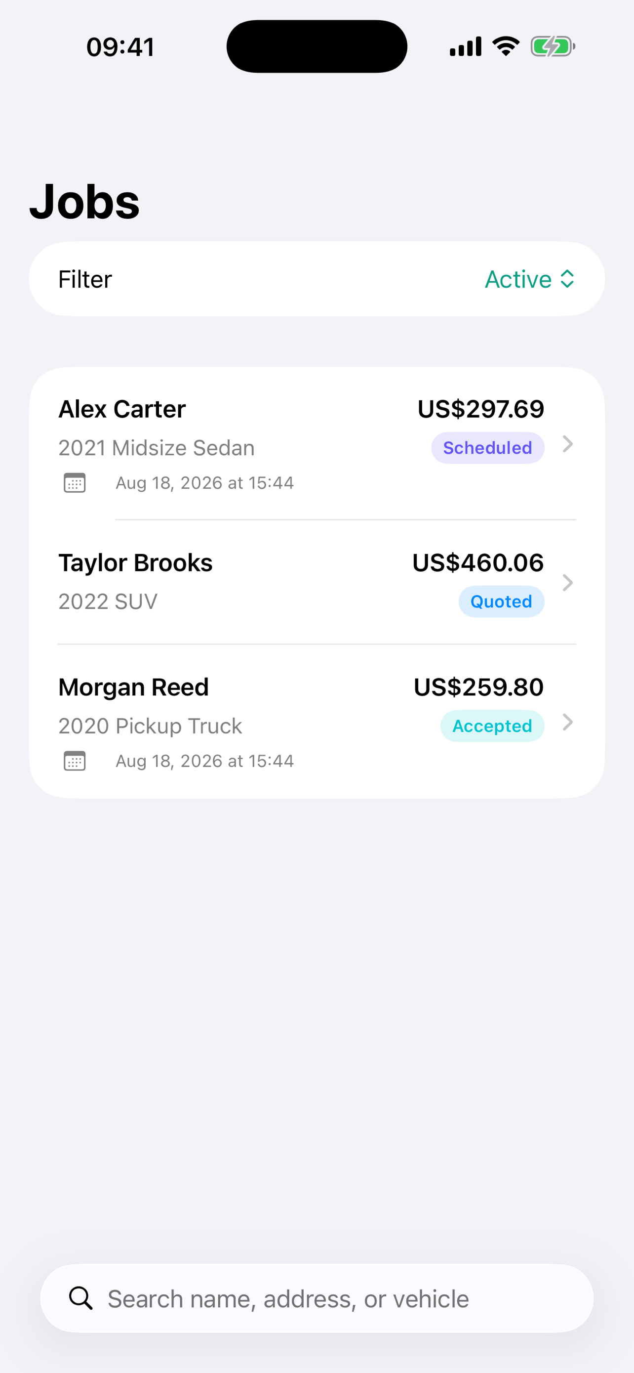 DetailProfit job list showing saved detailing work